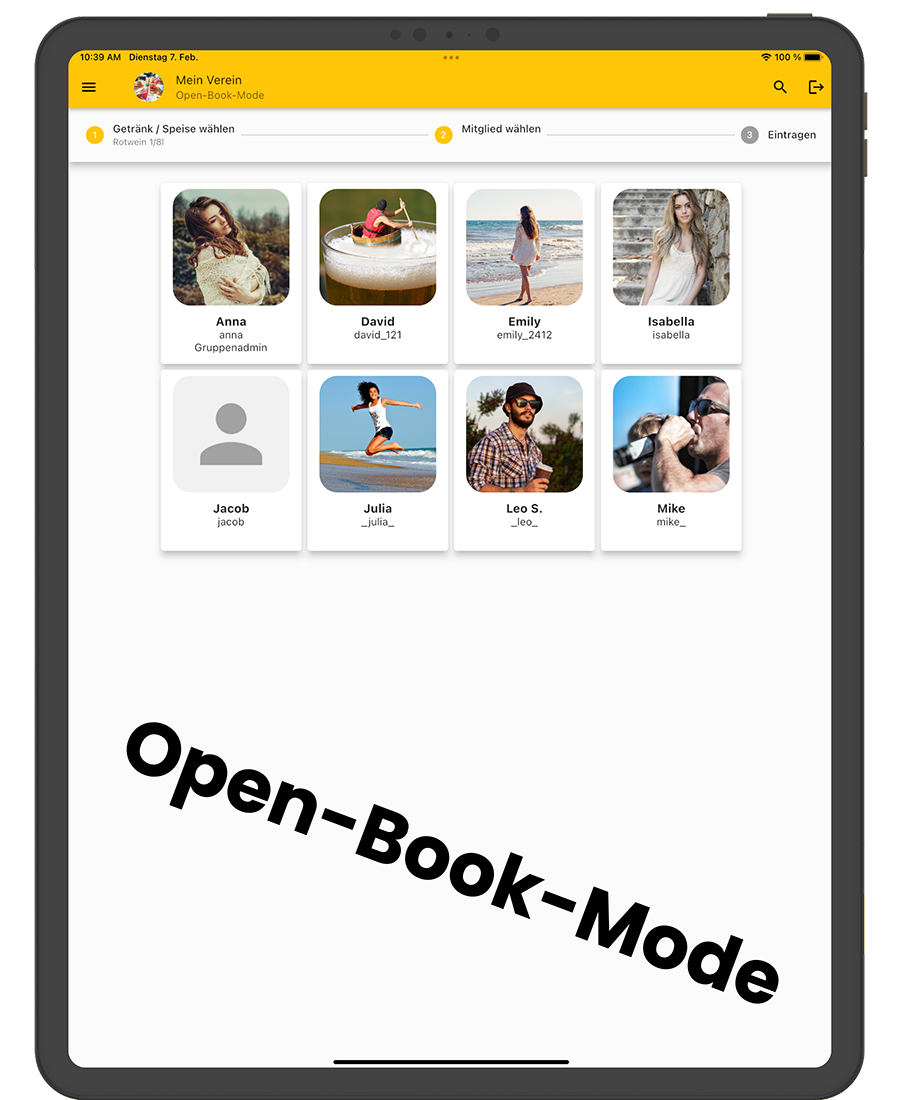 Getränke Zähler App Open-Book-Mode Mitglieder