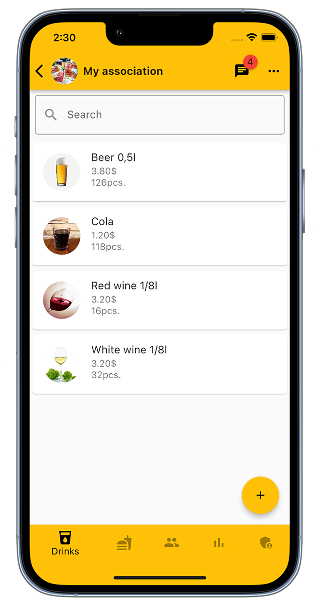 Cash register app for clubs beverages