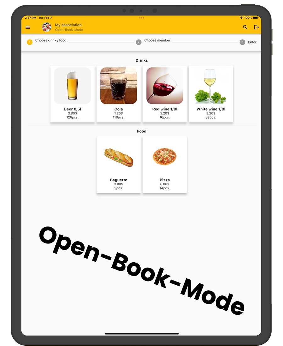 Cash register app for clubs Open-Book-Mode Drinks