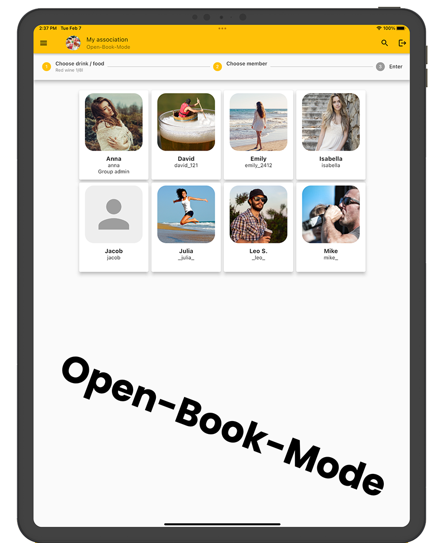 Cash register app for clubs Open-Book-Mode members