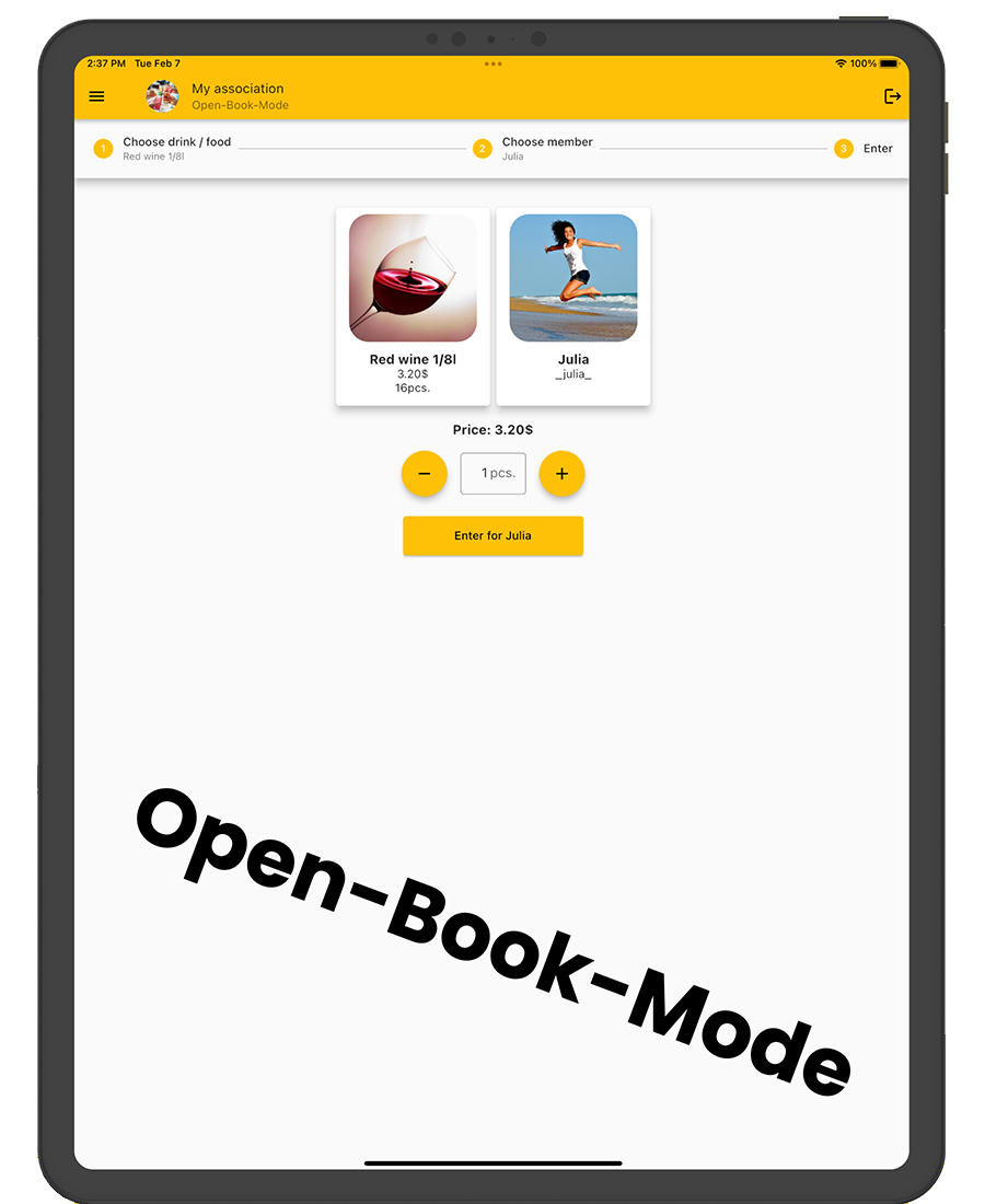 Cash register app for clubs Open-Book-Mode Book drinks
