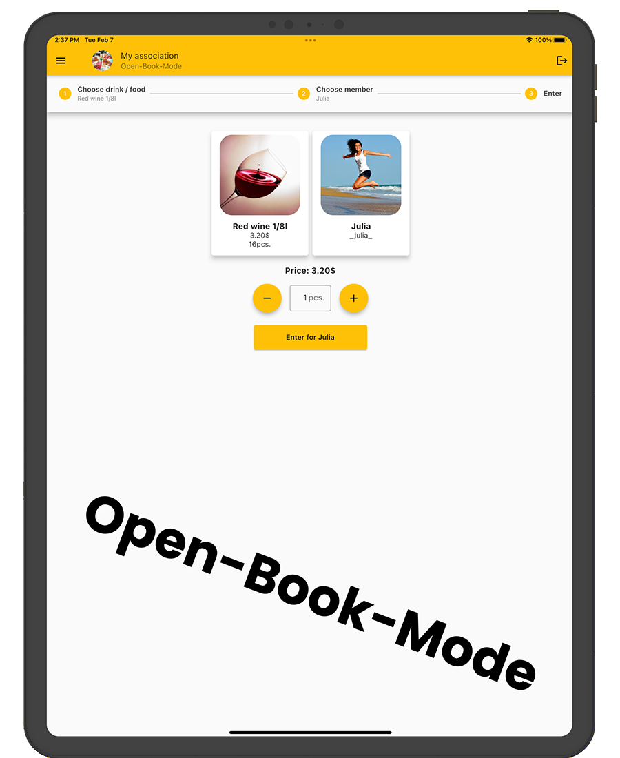 Application de caisse pour les associations Mode Open-Book Enregistrer les boissons